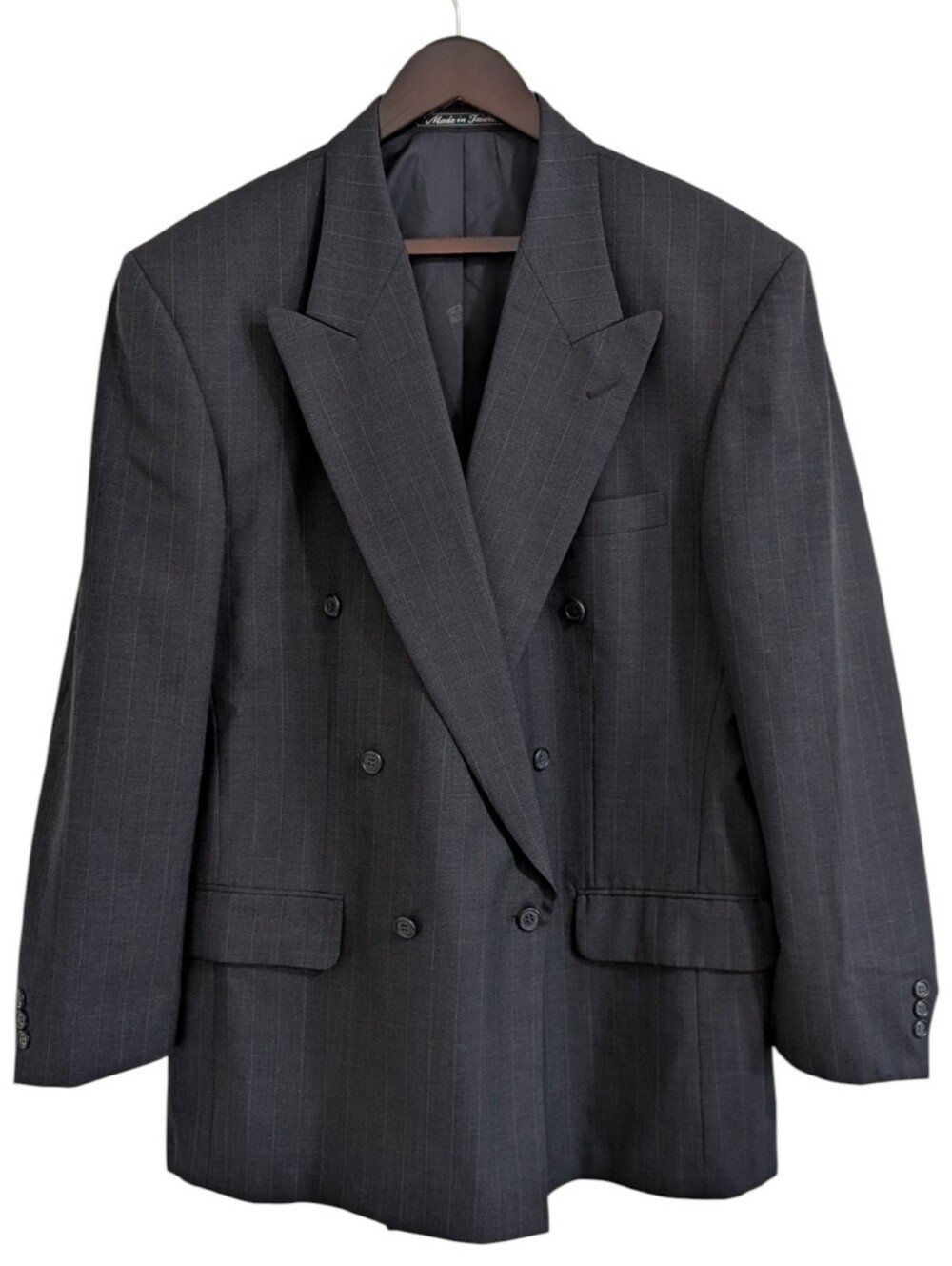 Vintage Pierre Balmain Charcoal Pinstripe Double Breasted Wool Blazer 44 Regular